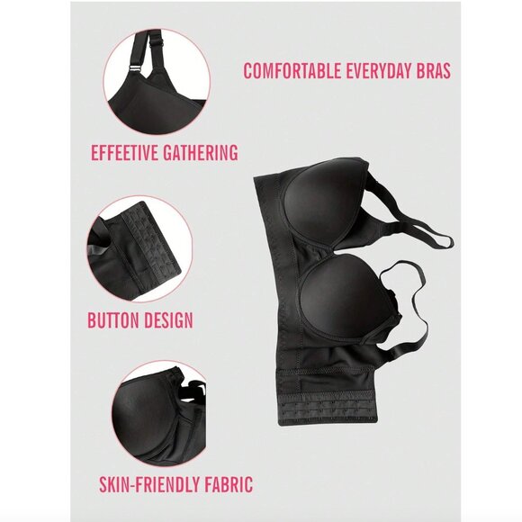 Women's Black Comfort Seamless Deep V Push-Up Adjustable Bra Sports Beautify The - Picture 11 of 11